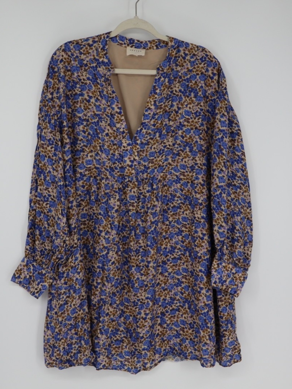 Sézane Bohemia Dress Women’s FR 44 US 12 Blue Floral Silk Blend Mini Cottagecore